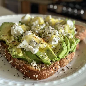Juicy slice of avocado toast featuring cottage cheese, lemon juice, and a sprinkle of seasoning, captured on an iPhone.