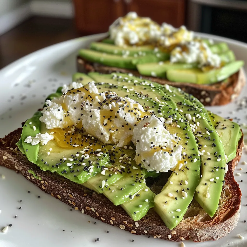 Fresh avocado toast topped with cottage cheese, served on rustic sourdough bread, showcasing rich textures and vibrant colors.