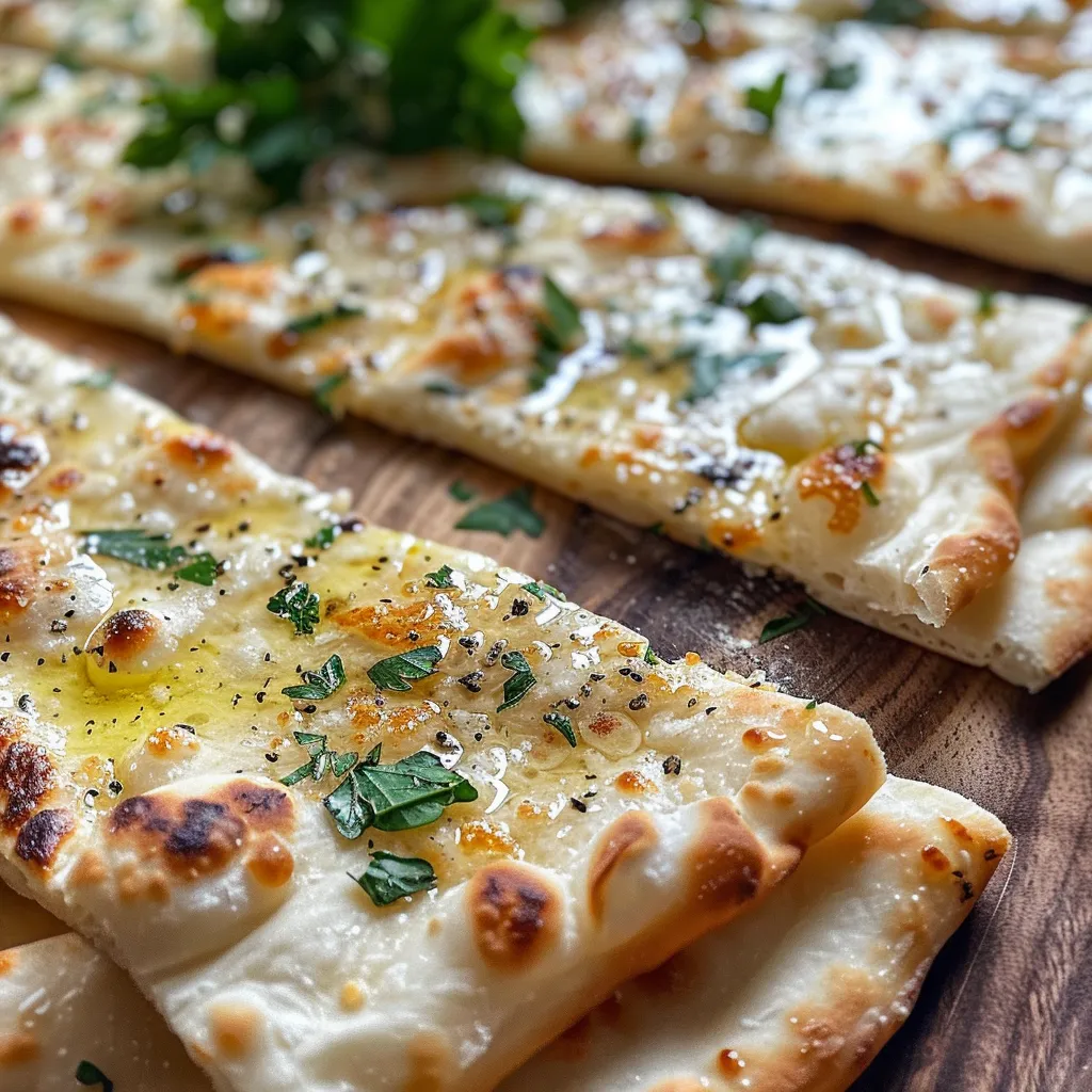 Close-up of a warm Turkish flatbread served with a dollop of creamy Greek yogurt and garnished with parsley.