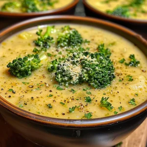 A cozy serving of creamy broccoli soup with chunks of potatoes and carrots visible.