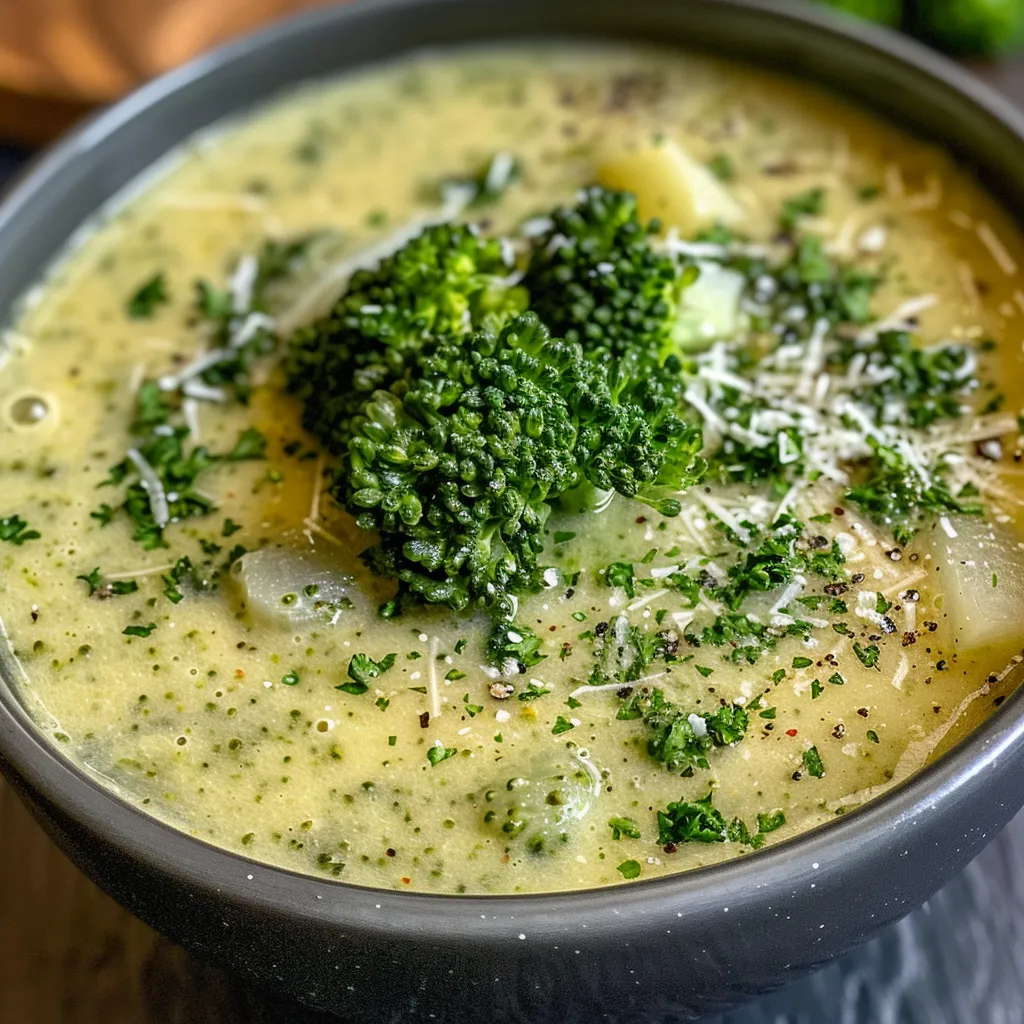 Delicious bowl of broccoli soup showcasing fresh ingredients and a sprinkle of cheese.