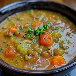 Juicy lentil and vegetable soup displayed in a rustic bowl, featuring vibrant colors of carrots and tomatoes.
