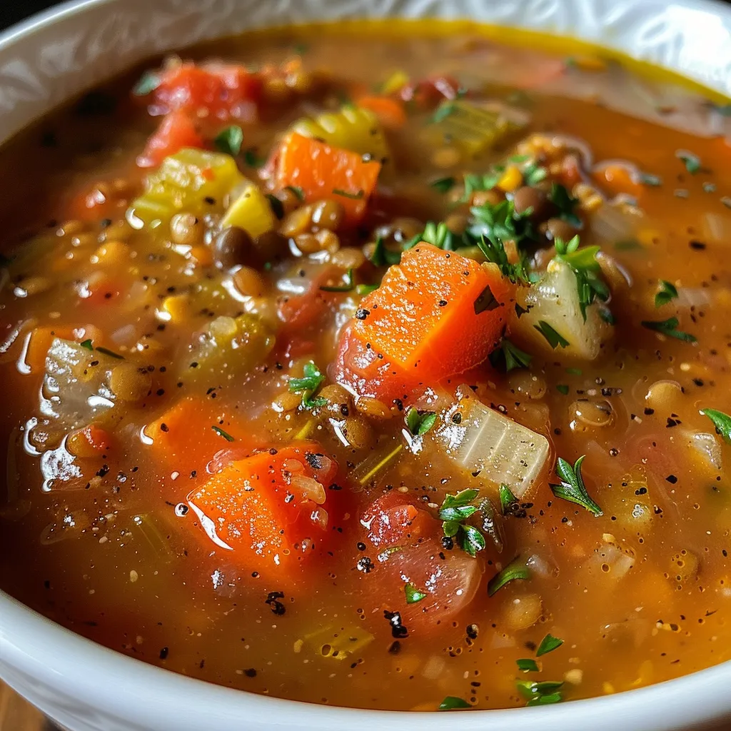 A bowl of delicious creamy lentil soup with visible chunks of vegetables and a hint of lemon juice.