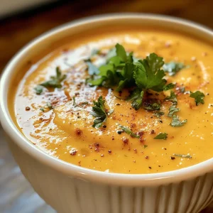 A sumptuous bowl of creamy pumpkin soup with visible chunks of pumpkin and herbs on top.