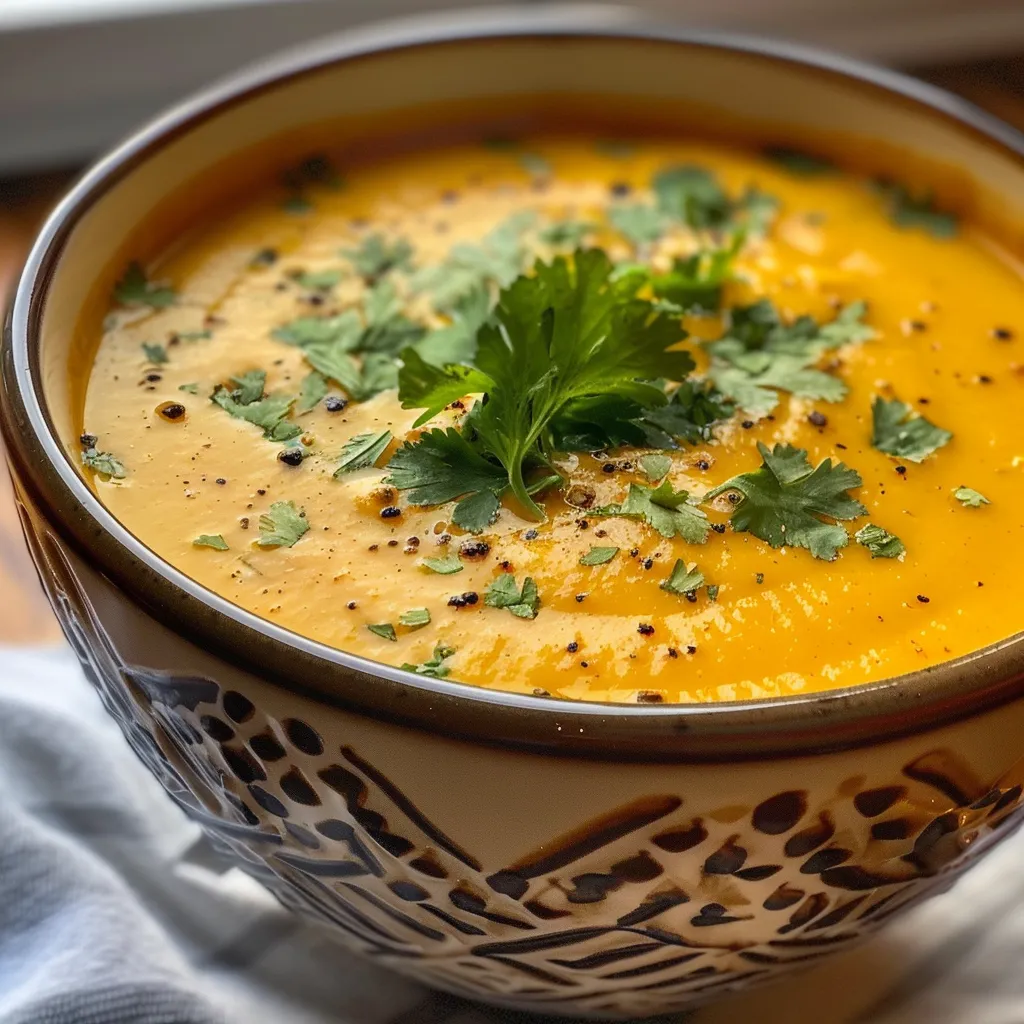 Delicious creamy pumpkin soup captured from the side, showcasing its rich color and creamy texture.