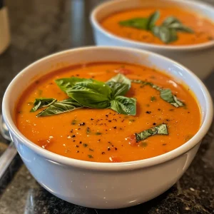 A close-up shot of creamy tomato soup, featuring a sprinkle of Parmesan and fresh basil leaves.