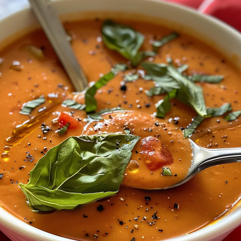 A detailed image of a bowl of creamy tomato basil soup, highlighting its creamy consistency and colorful ingredients.