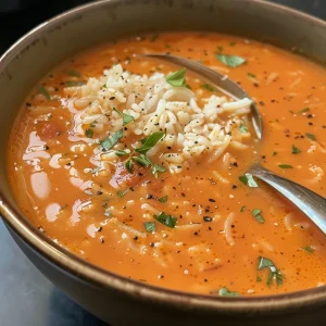 Juicy, vibrant creamy tomato rice soup garnished with basil and cheese.