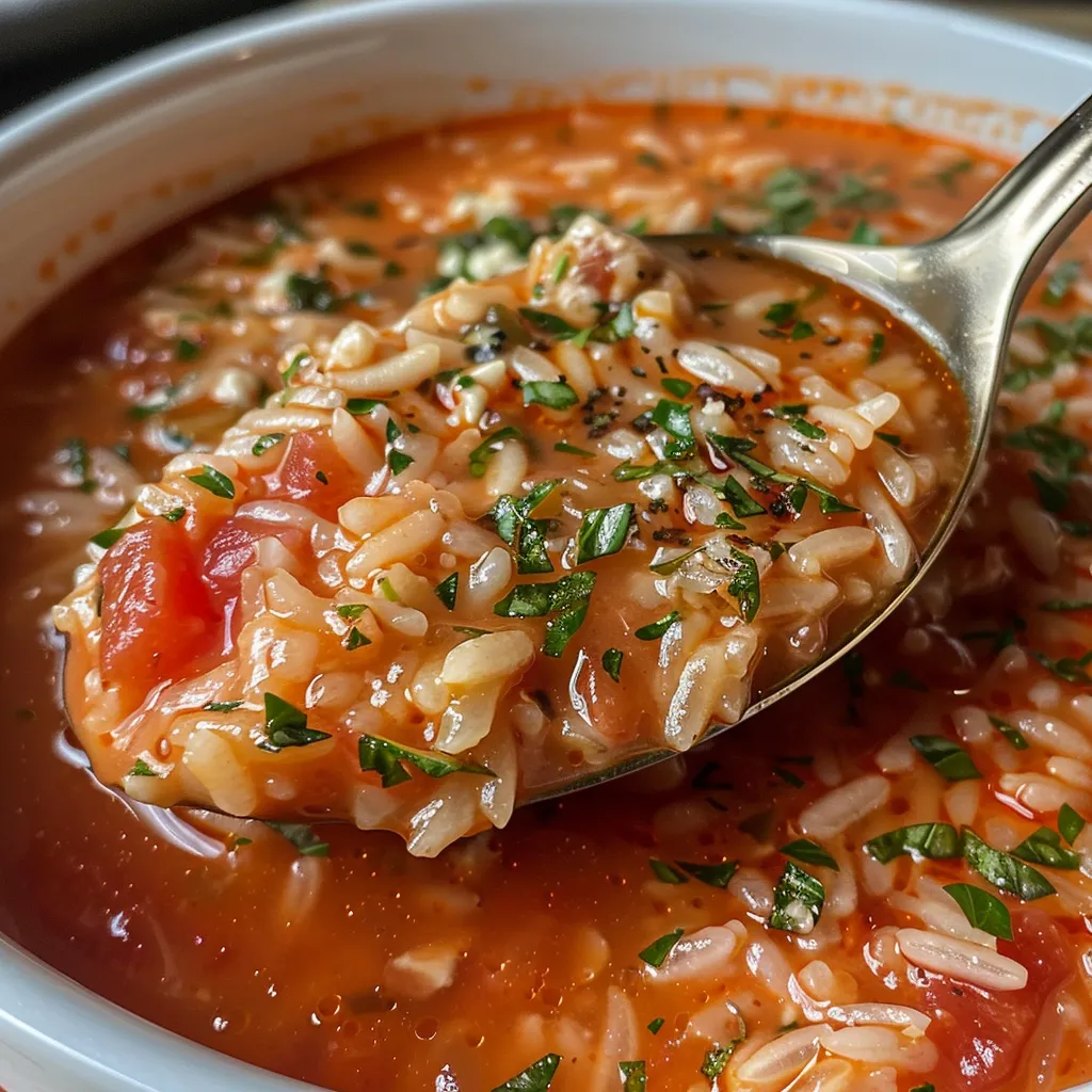 Delicious creamy tomato soup with rice showing rich colors and toppings.