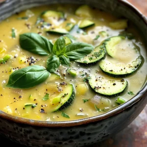 Detailed shot of a bowl of creamy soup made from zucchini and yellow squash, with herbs on top.
