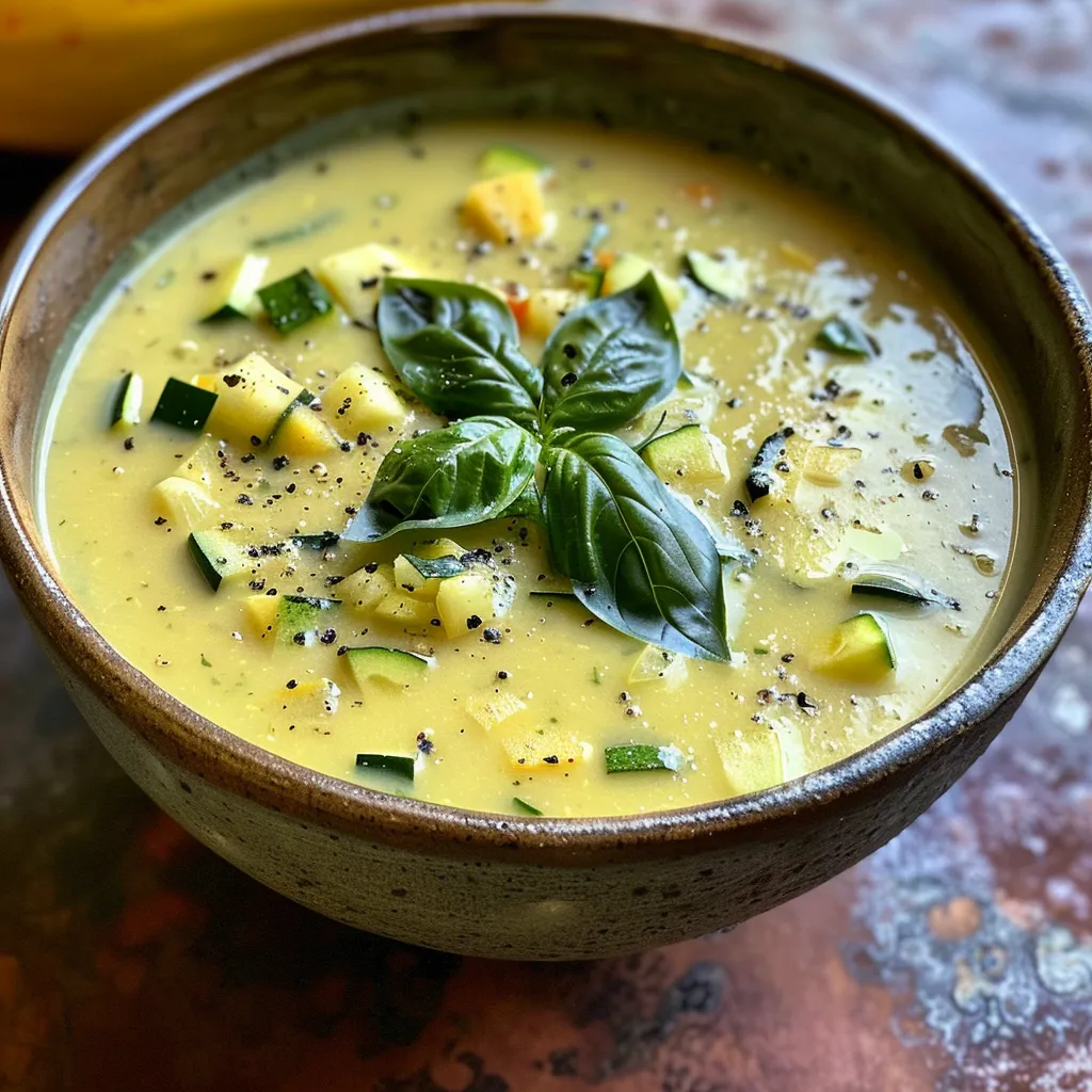 A vibrant creamy soup featuring diced zucchini and yellow squash, presented in a stylish bowl.