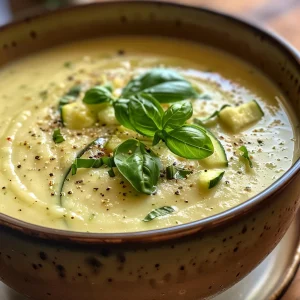 A side view of creamy zucchini soup, with visible ingredients like basil and black pepper.