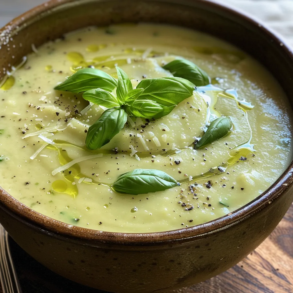 A delicious bowl of creamy zucchini soup, featuring chopped zucchini and a swirl of cream.