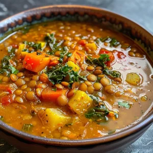 Thick Curry Lentil Soup showcasing its hearty ingredients including lentils and kale.