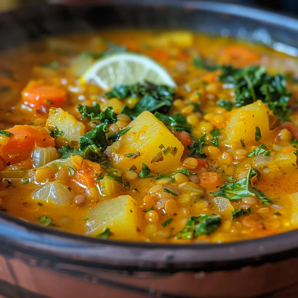 Colorful Curry Lentil Soup with visible pieces of carrots and potatoes, served in a rustic bowl.