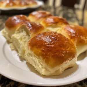 Juicy, dairy-free dinner rolls arranged on a rustic plate with a warm glow.