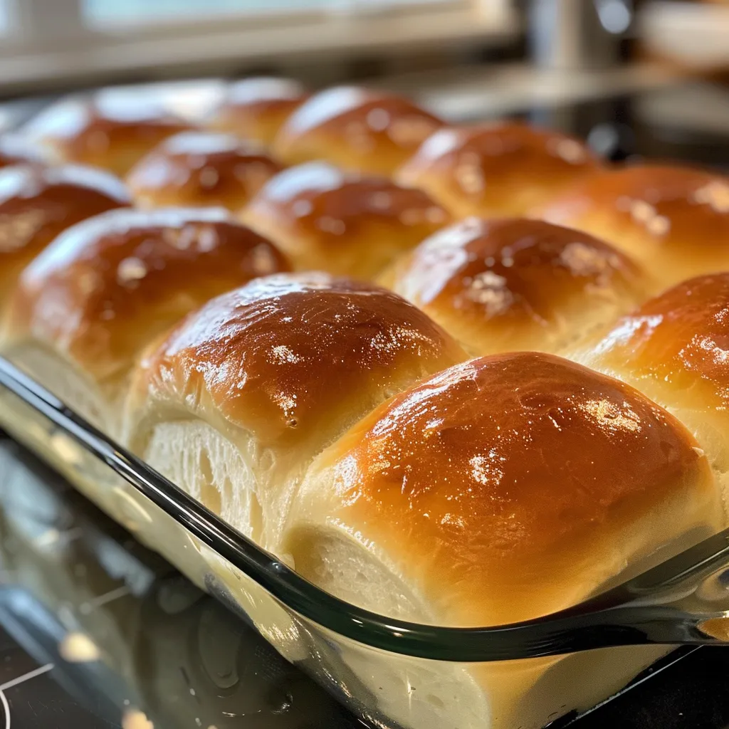 A close-up view of shiny, buttery dinner rolls stacked together.