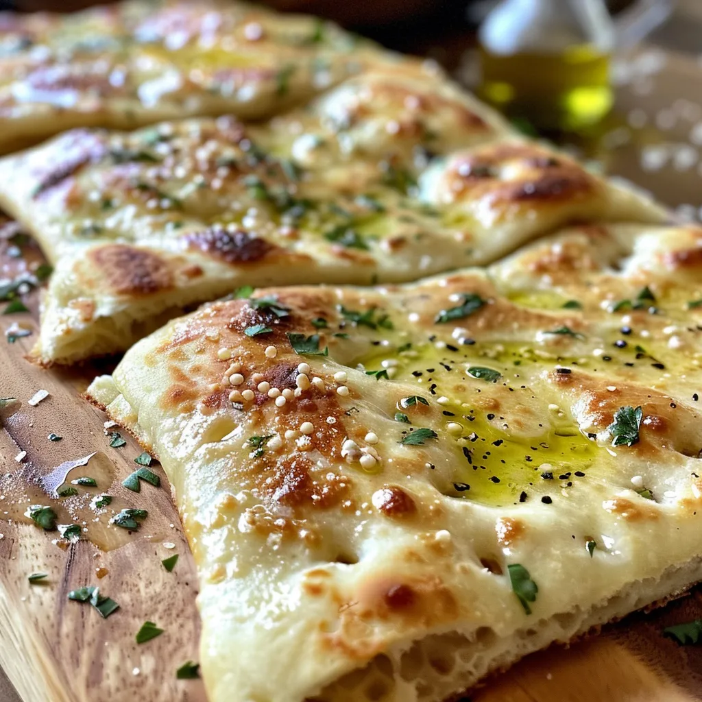 Juicy flatbread resting on a wooden board with a sprinkle of parsley.