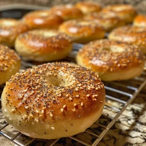 Detailed shot of a homemade bagel, highlighting its shiny surface sprinkled with everything bagel seasoning.