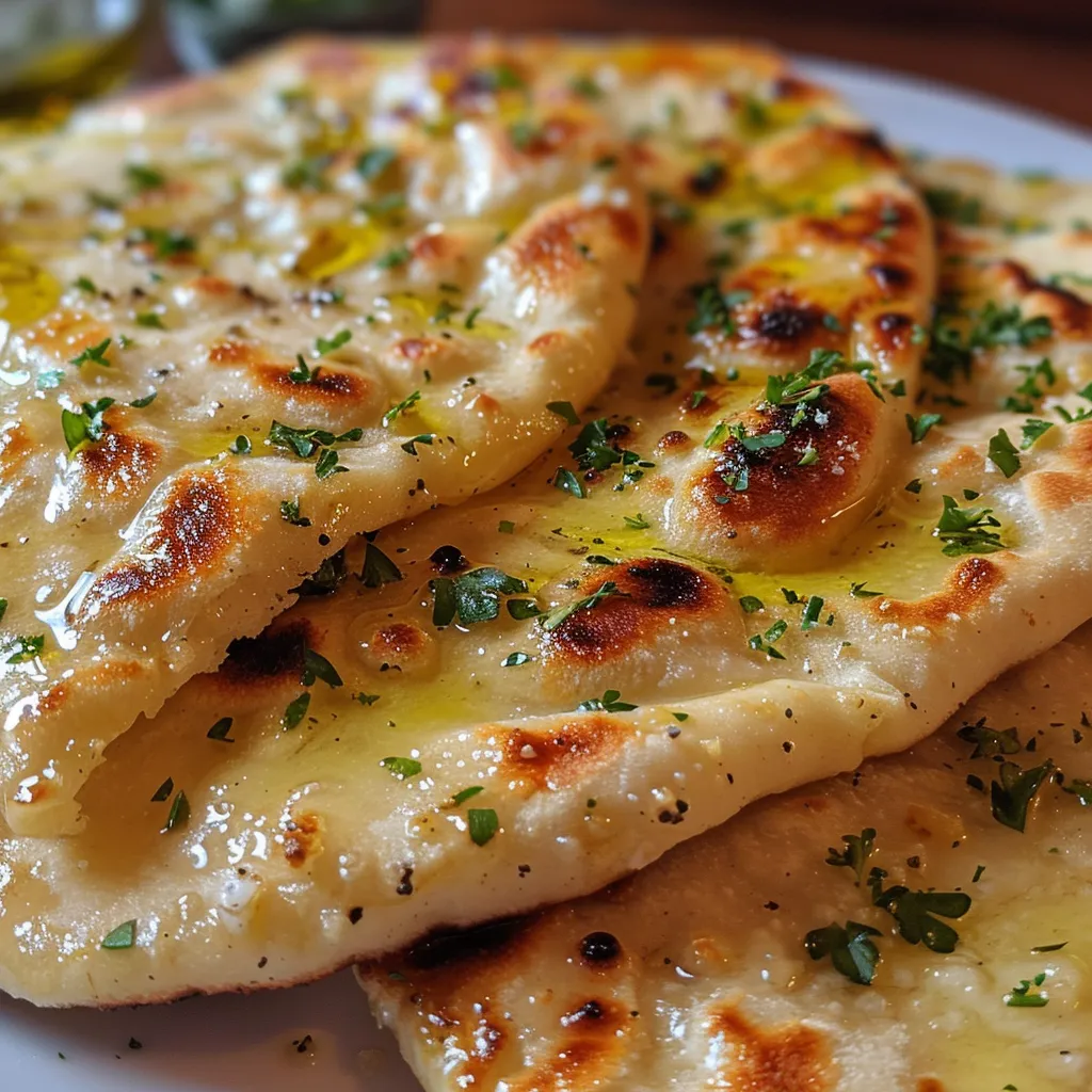 A stack of easy homemade flatbreads garnished with fresh parsley on a rustic plate.