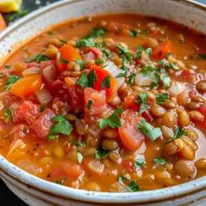 Creamy lentil tomato soup with diced vegetables and a sprinkle of parsley.
