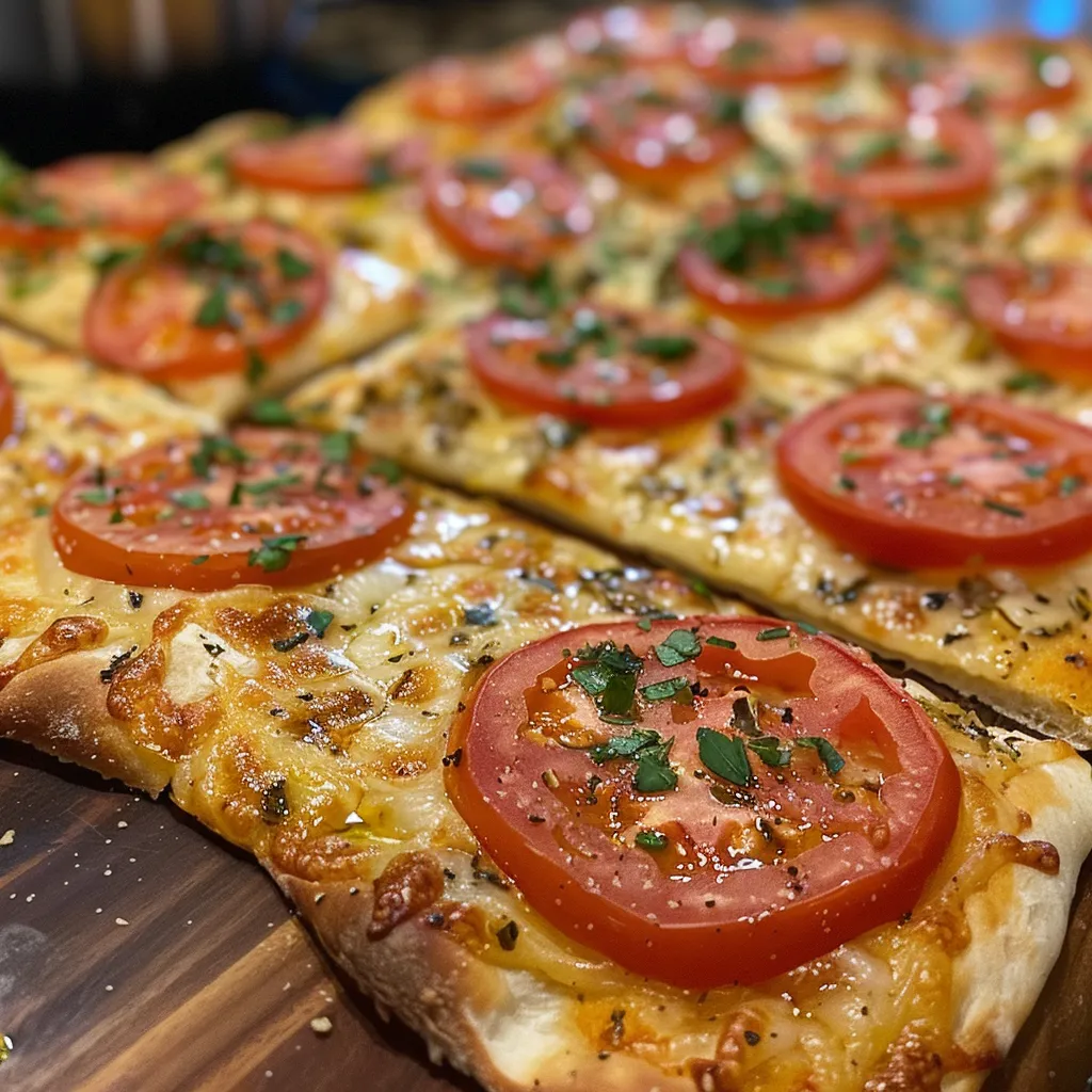 Juicy flatbread pizza displayed from the side, showcasing its crispy crust and vibrant toppings.