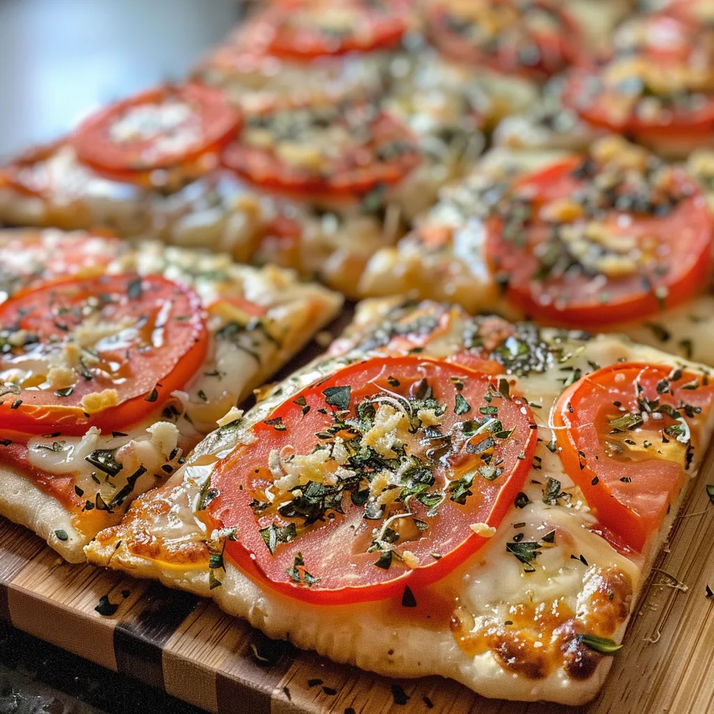 Tasty flatbread pizza captured in detail, highlighting its golden crust and toppings.