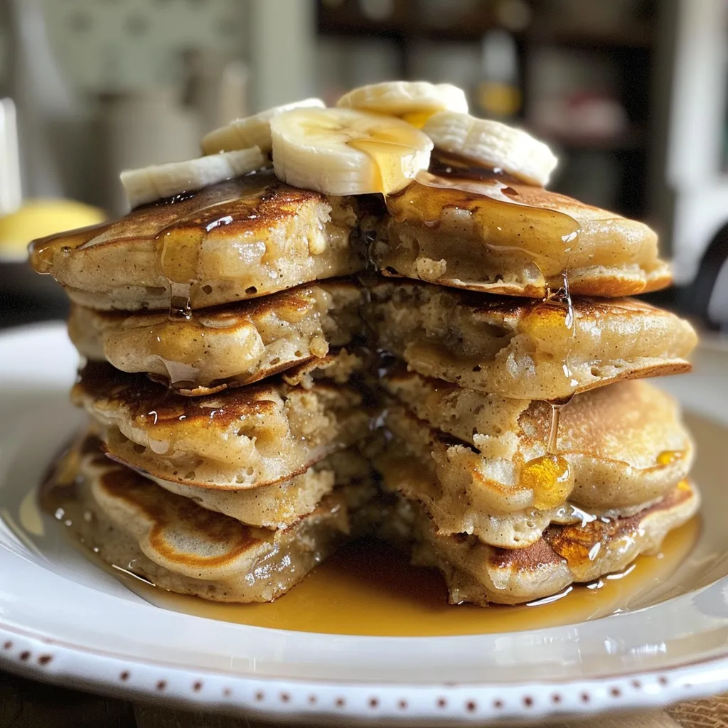 Side view of fluffy pancakes made from oats and ripe bananas, served with syrup and berries.