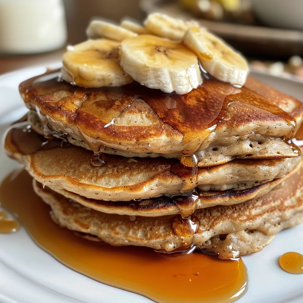 Delicious banana oat pancakes arranged on a plate, featuring colorful toppings and a light syrup.