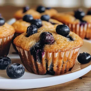 Delicious protein muffins packed with fresh blueberries, displaying a light and airy texture from the side.