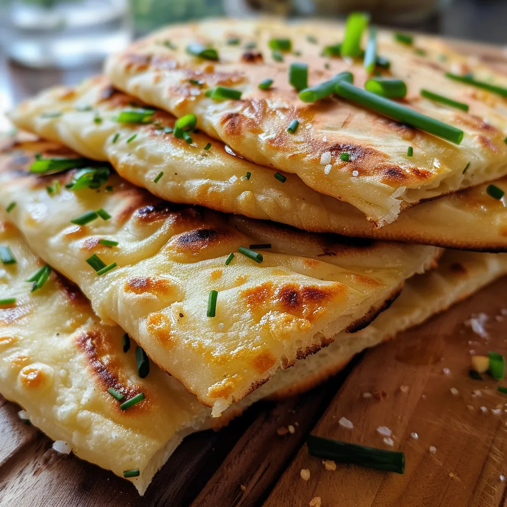 Detail shot of a fluffy flatbread, featuring a crispy edge and garnish of chopped green onions.