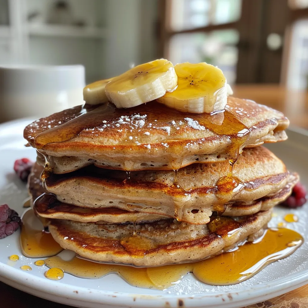 Fluffy banana pancakes with a soft, moist appearance, garnished with berries.