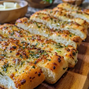 Juicy garlic bread sticks with a crispy crust, garnished with minced garlic and herbs.