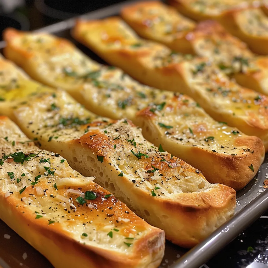 Warm garlic bread sticks on a plate, showcasing a delectable buttery sheen.