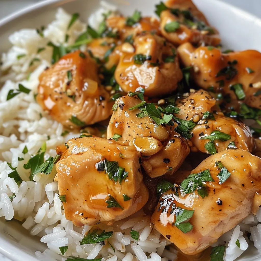 An appetizing Garlic Butter Chicken Rice Bowl with juicy chicken, cooked rice, and minced garlic, all arranged beautifully.