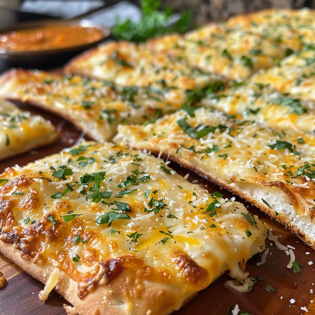 A tempting side view of garlic cheese flatbread featuring a bubbling cheese layer and a rustic crust.
