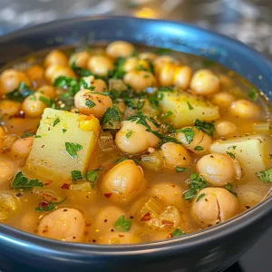 A hearty Garlic Chickpea Soup featuring chickpeas and garlic cloves in a rustic bowl.
