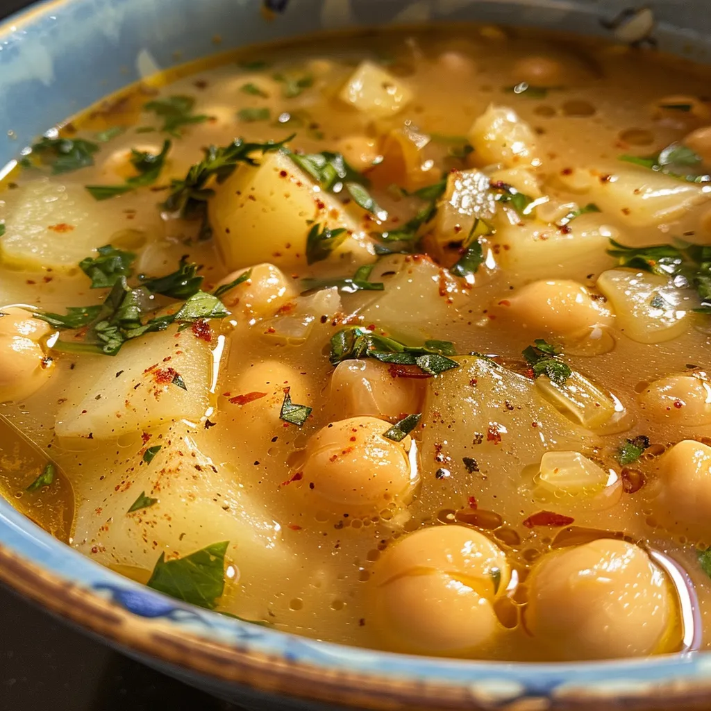 A vibrant bowl of Garlic Chickpea Soup, showcasing its chunky texture and garnishes.