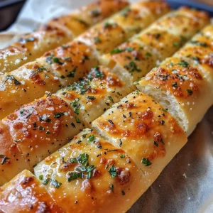 Side view of delicious garlic herb breadsticks sprinkled with herbs and spices.