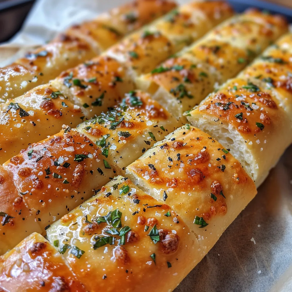 Juicy garlic herb breadsticks sprinkled with herbs and parmesan cheese.