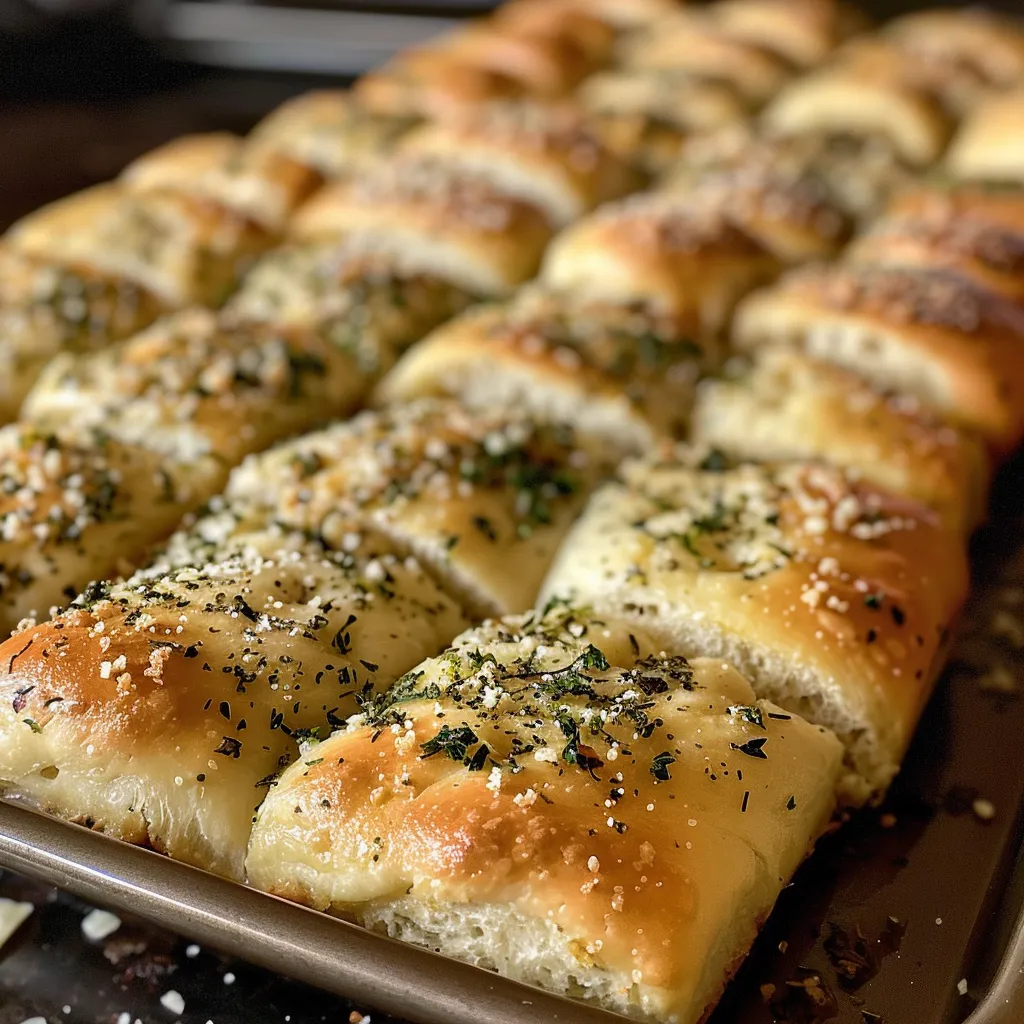 Juicy garlic herb breadsticks, showcasing a light golden color and herb toppings.