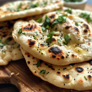 Juicy garlic naan bread showing a rich, buttery texture and green herb garnish.