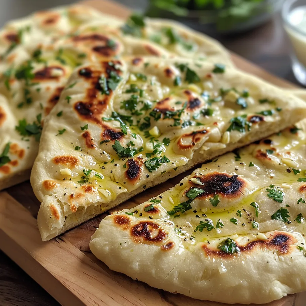 Freshly baked garlic naan with minced garlic and herbs, highlighting its texture.
