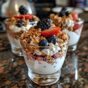 Juicy Greek yogurt berry parfait displaying colorful strawberries and blueberries in a glass.