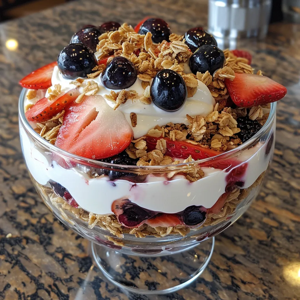 Detailed shot of a Greek yogurt parfait with sliced strawberries and dark berries on top.