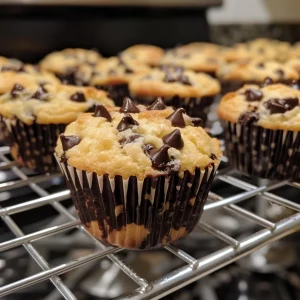 Side view of Greek yogurt muffins with melted chocolate chips, captured in natural lighting.