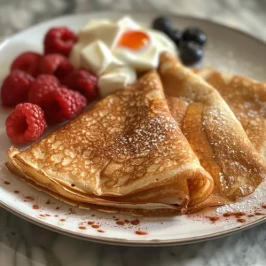 A plate of golden-brown crepes dusted with cinnamon and sugar, garnished with berries.