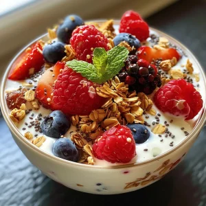 Juicy Greek yogurt parfait featuring fresh berries and a sprinkle of chia seeds.