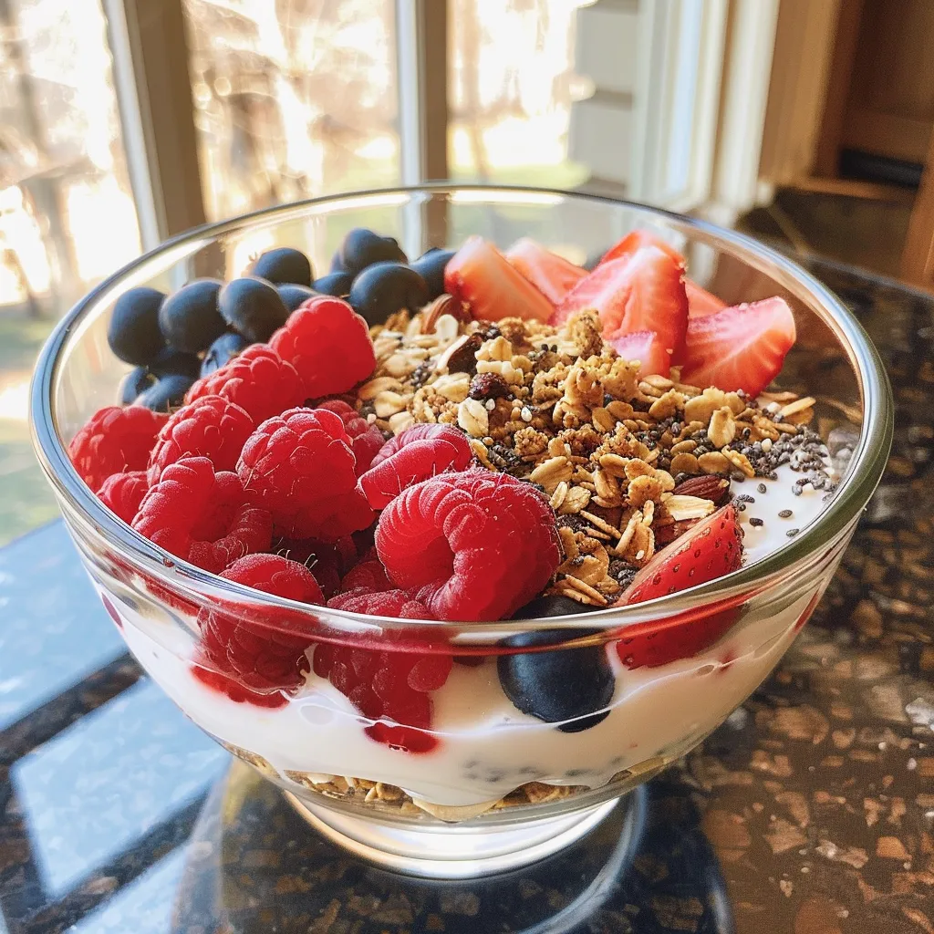 Delicious Greek yogurt layered with mixed berries and granola in a clear glass.