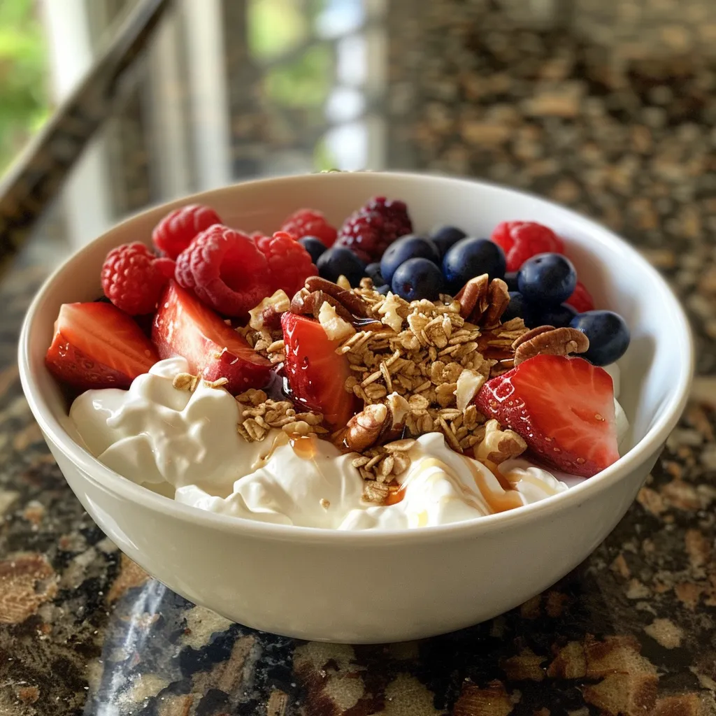Side angle of Greek yogurt paired with a drizzle of honey and walnuts.